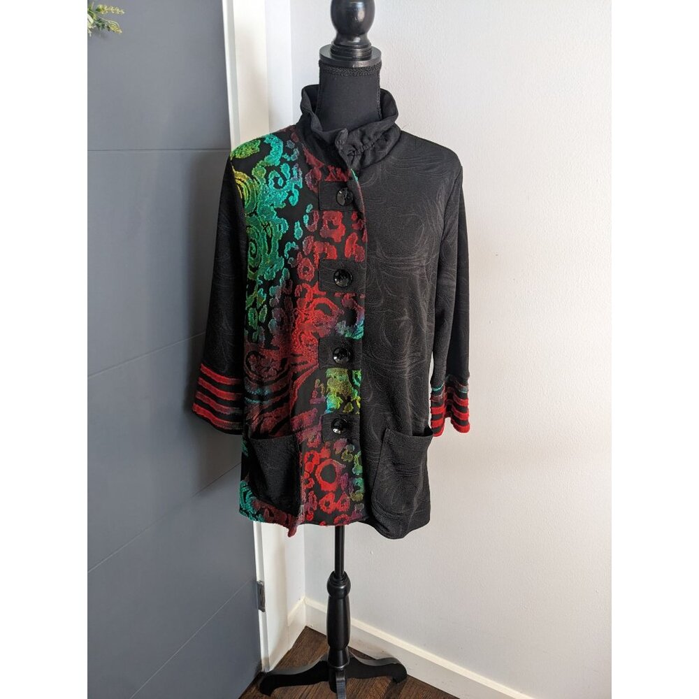 Calessa Patchwork Burnout Wire Collar Long Sleeve Button‎ Front Knit Tunic -PM